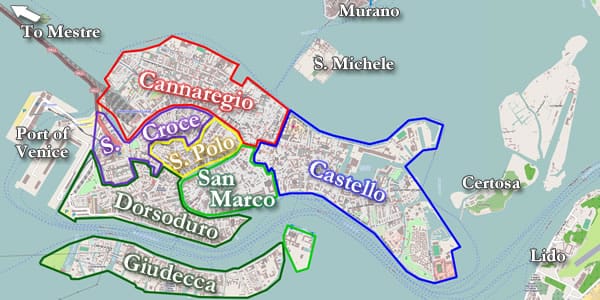 Venice map - sestieri and islands Venice map - sestieri and islands - italy venice carnival
