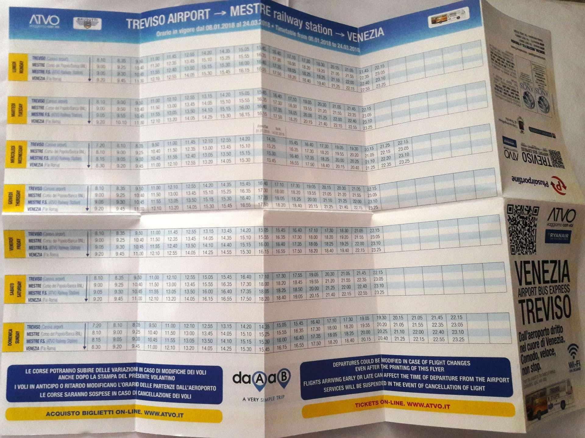 ATVO flyer - Treviso Airport - Mestre Venezia schedule
