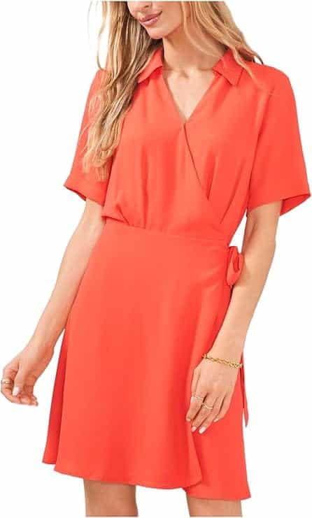 Coral Pleated Lined Elastic Tie Waist Short Sleeve Collared Above The Knee Wrap
