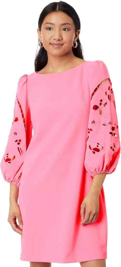 Vince Camuto Women's Signature Crepe Shift Dress with Embroidered Cutout Sleeve Details, fashion dresses