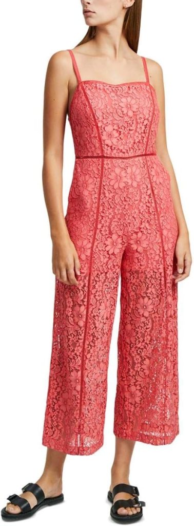 French Connection Women's Black Lace and Sheer Fitted Straight Leg Jumpsuit