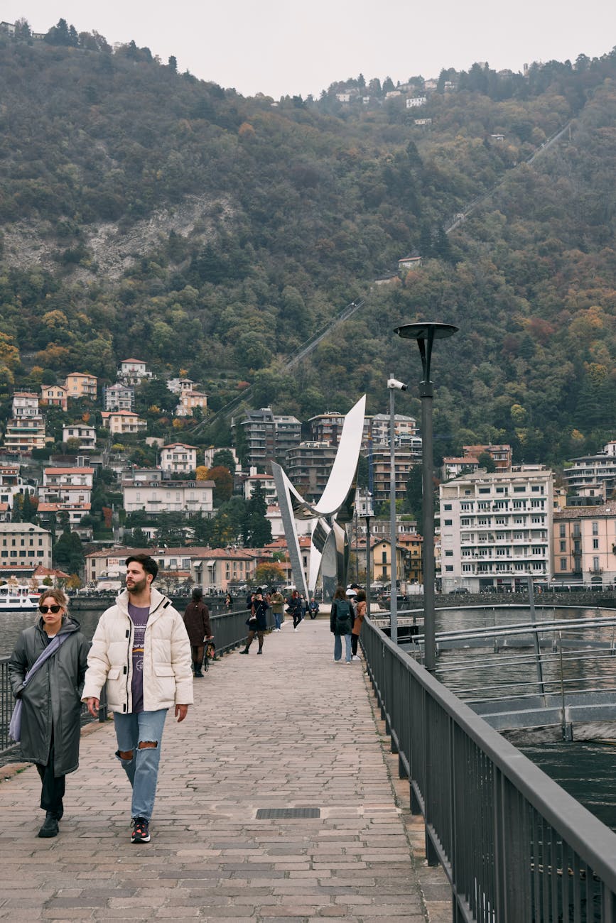 pedestrian on footbridge in como